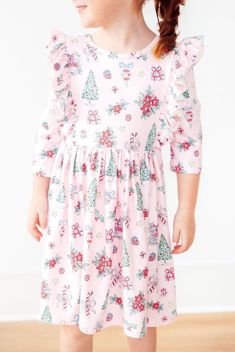 Pink Christmas Three Fourth Sleeve Ruffle Twirl Dress - Everetts Place Boutique - 
