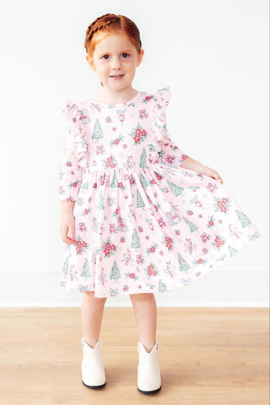 Pink Christmas Three Fourth Sleeve Ruffle Twirl Dress Mila & Rose ® Everetts Place: Online Boutique