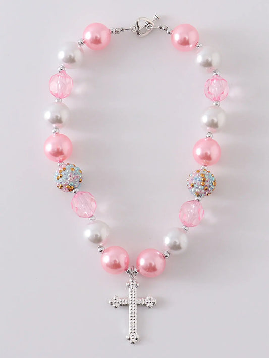 Pink Cross Bubblegum Necklace Stylish Playful Accessory Rylee Faith Designs Everetts Place: Online Boutique