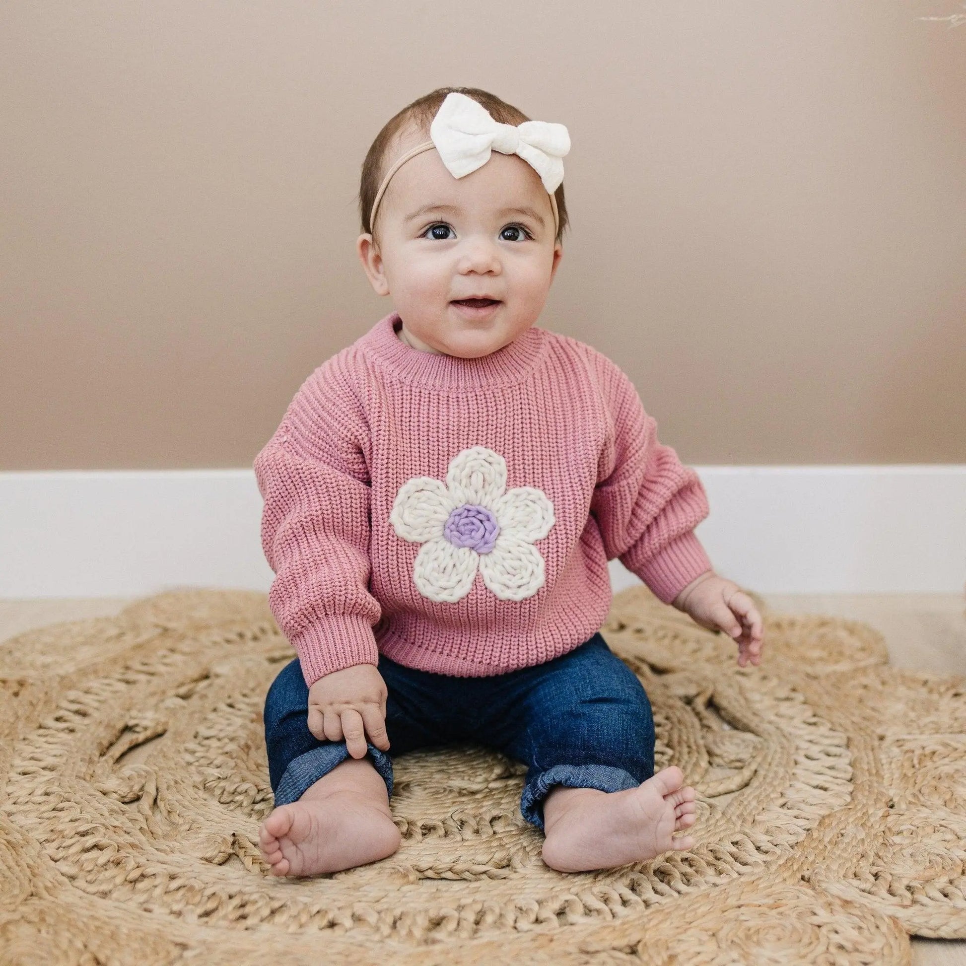 Pink Daisy Hand Embroidered Baby Sweater For Newborns Little Joy Co. Everetts Place: Online Boutique