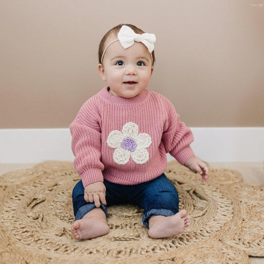 Pink Daisy Hand Embroidered Baby Sweater For Newborns Little Joy Co. Everetts Place: Online Boutique