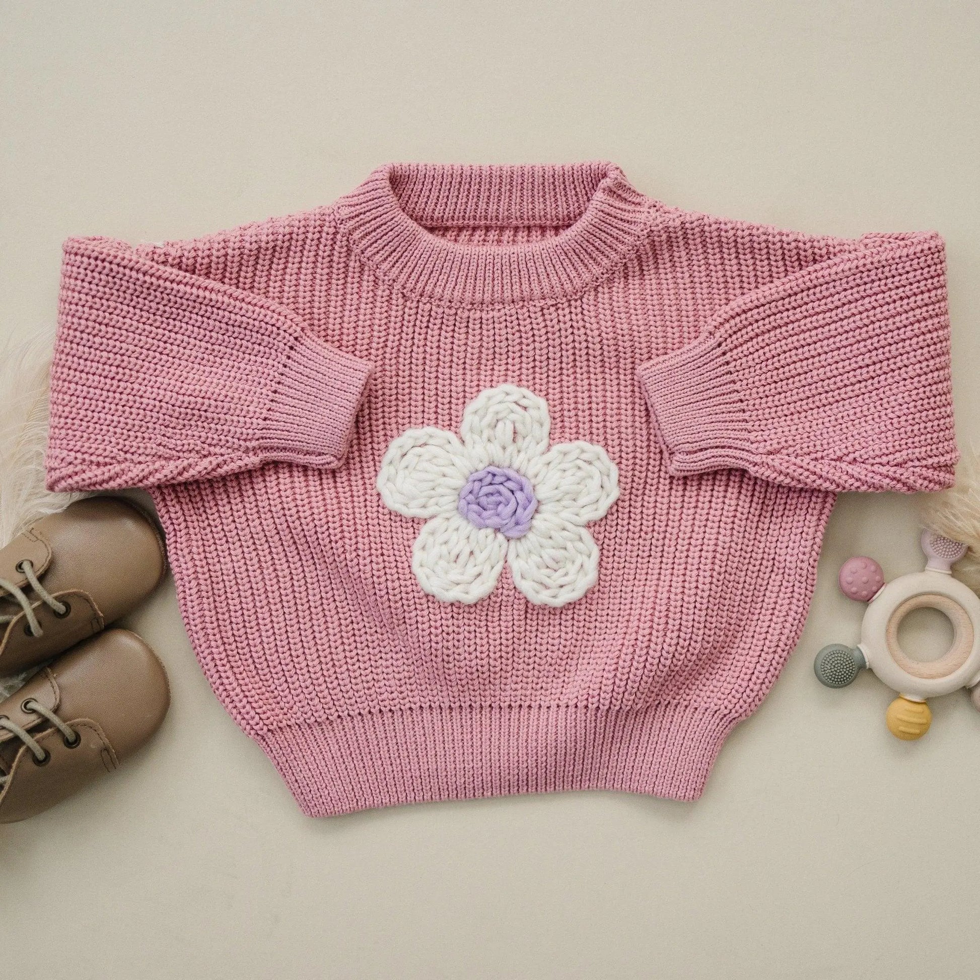 Pink Daisy Hand Embroidered Baby Sweater For Newborns Little Joy Co. Everetts Place: Online Boutique
