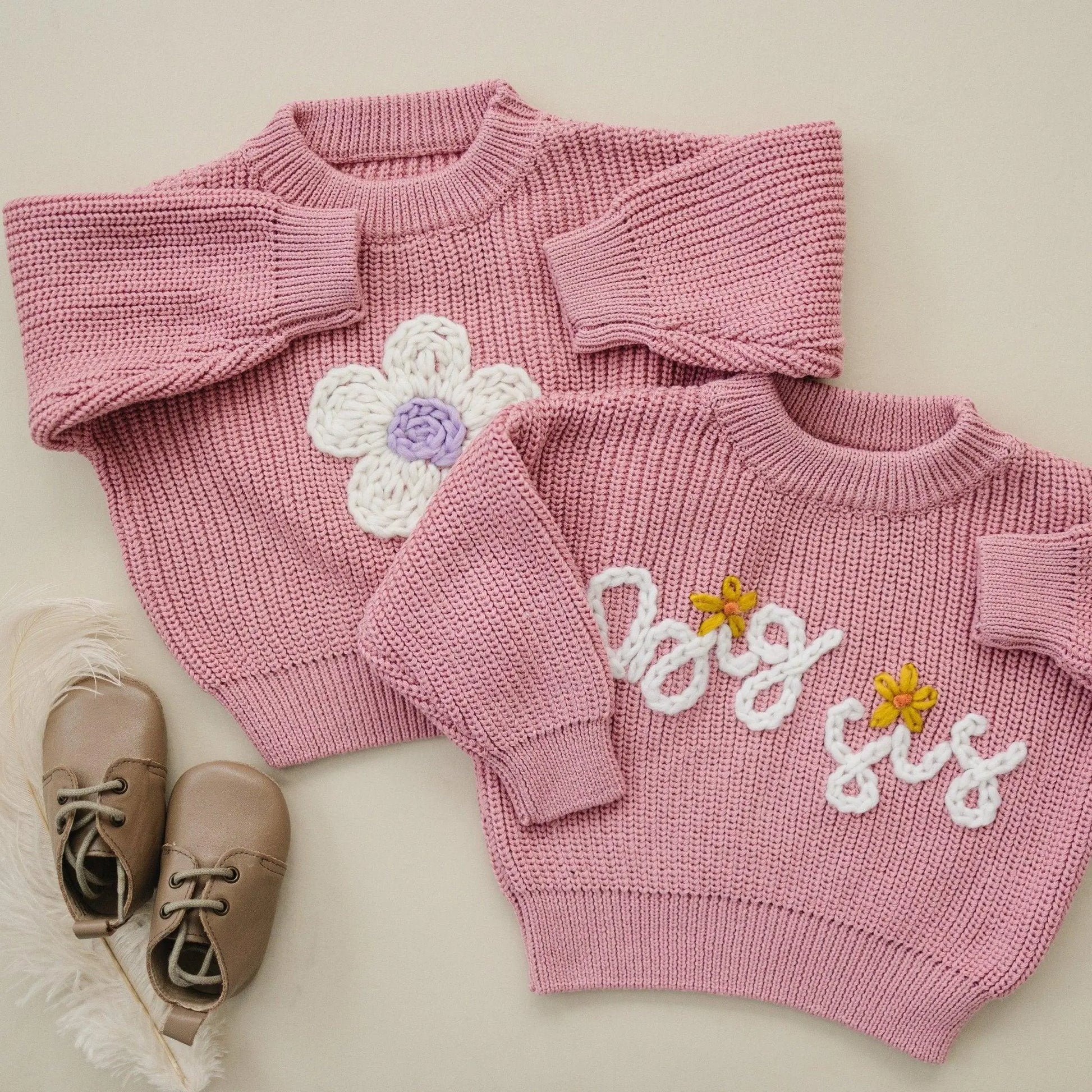 Pink Daisy Hand Embroidered Baby Sweater For Newborns Little Joy Co. Everetts Place: Online Boutique
