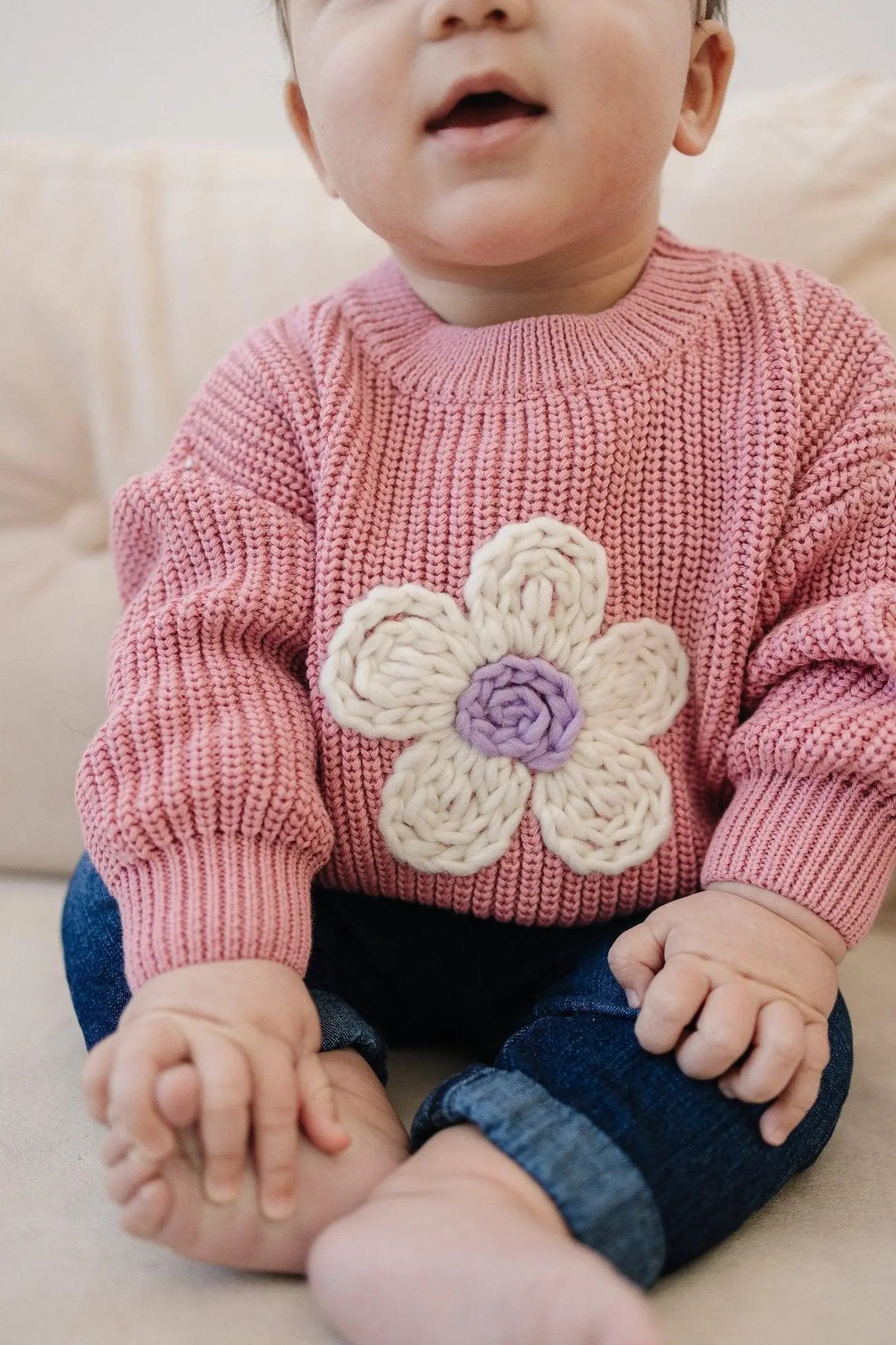 Pink Daisy Hand Embroidered Baby Sweater For Newborns Little Joy Co. Everetts Place: Online Boutique