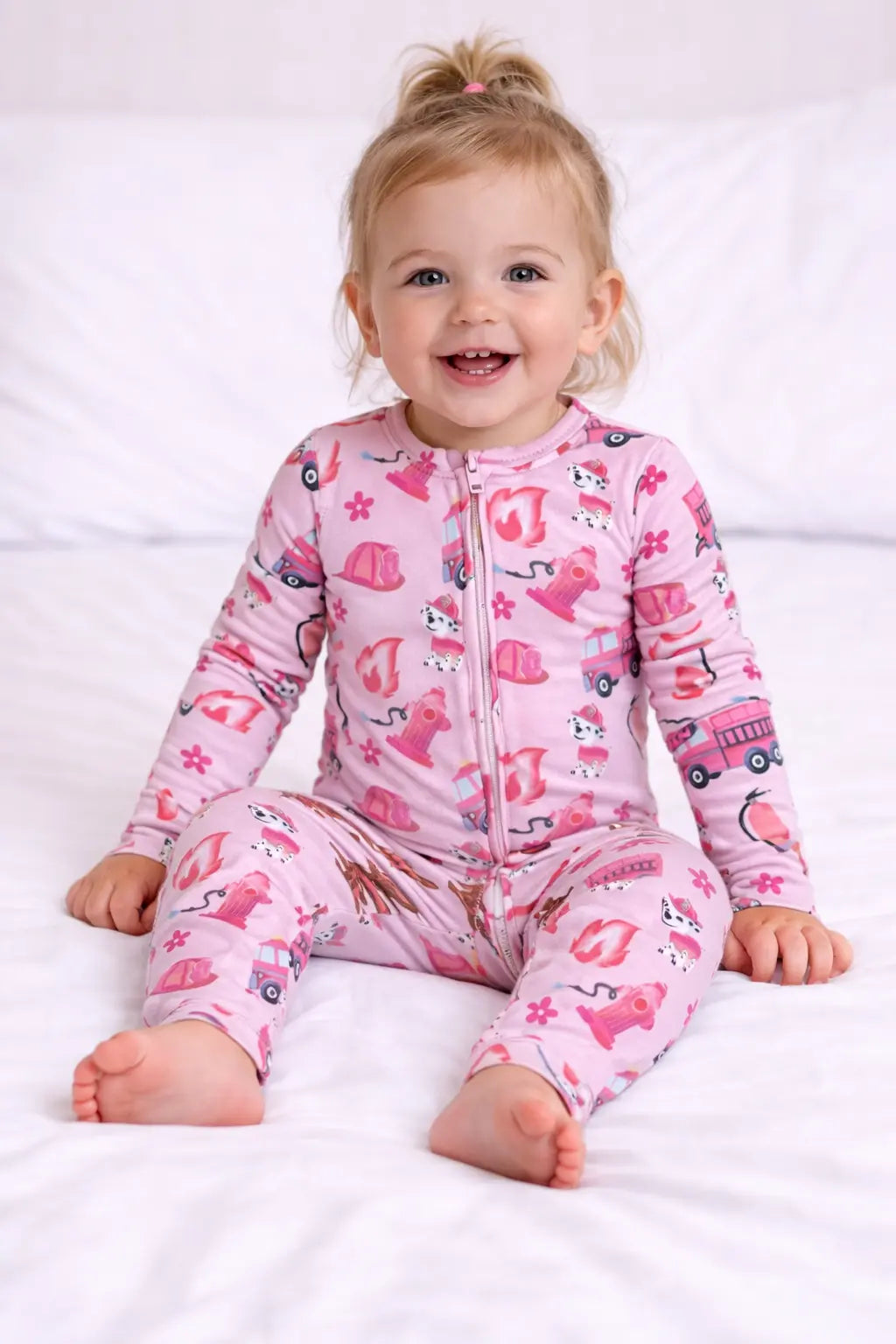 Pink Firefighter Bamboo Zipper Footie Pajama With Fold Over Hands And Feet Miller & Co. 