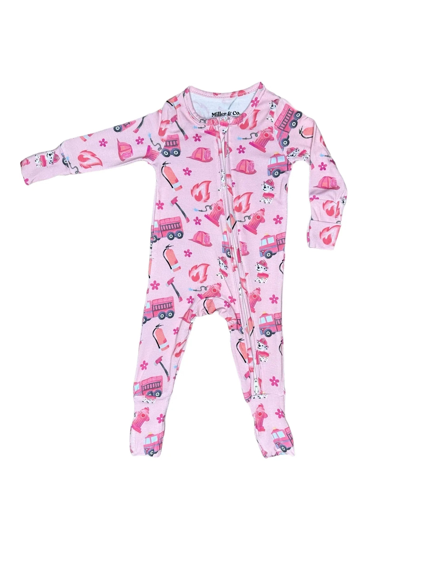 Pink Firefighter Bamboo Zipper Footie Pajama With Fold Over Hands And Feet Miller & Co. 