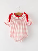 Pink Gingham Christmas Baby Girls Romper: Santa Embroidery with Red Satin Ribbon Rylee Faith Designs Everetts Place Boutique