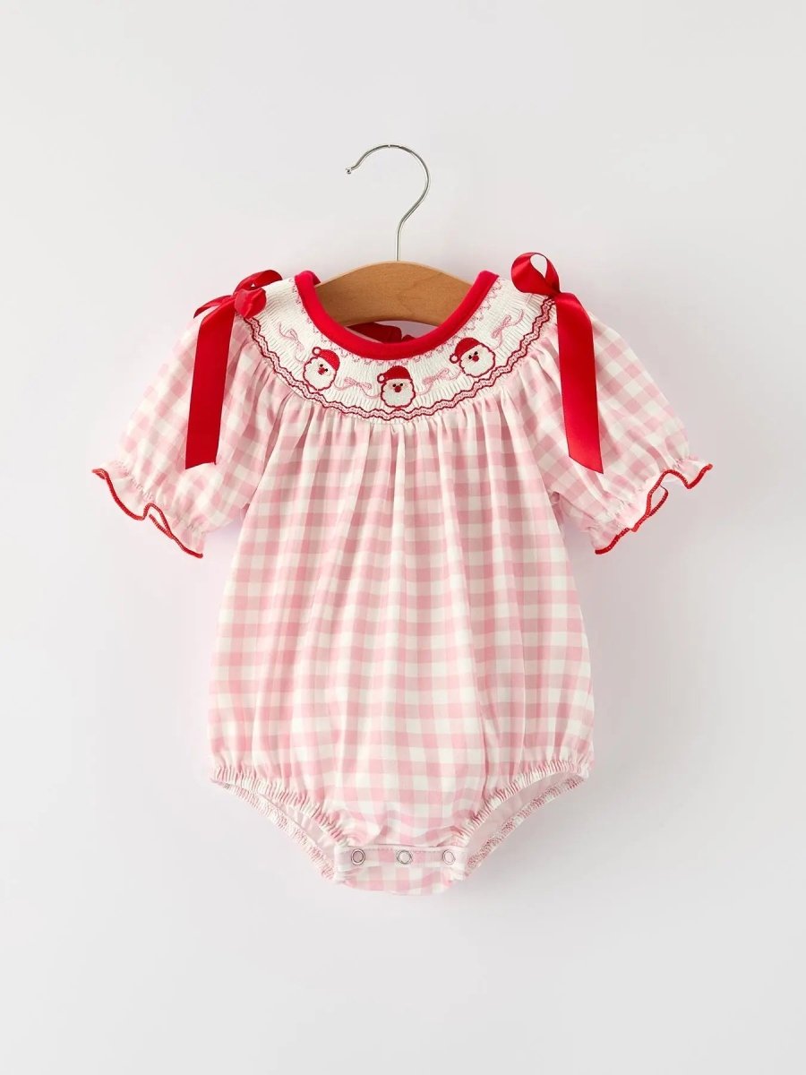Pink Gingham Christmas Baby Girls Romper: Santa Embroidery with Red Satin Ribbon Rylee Faith Designs Everetts Place Boutique