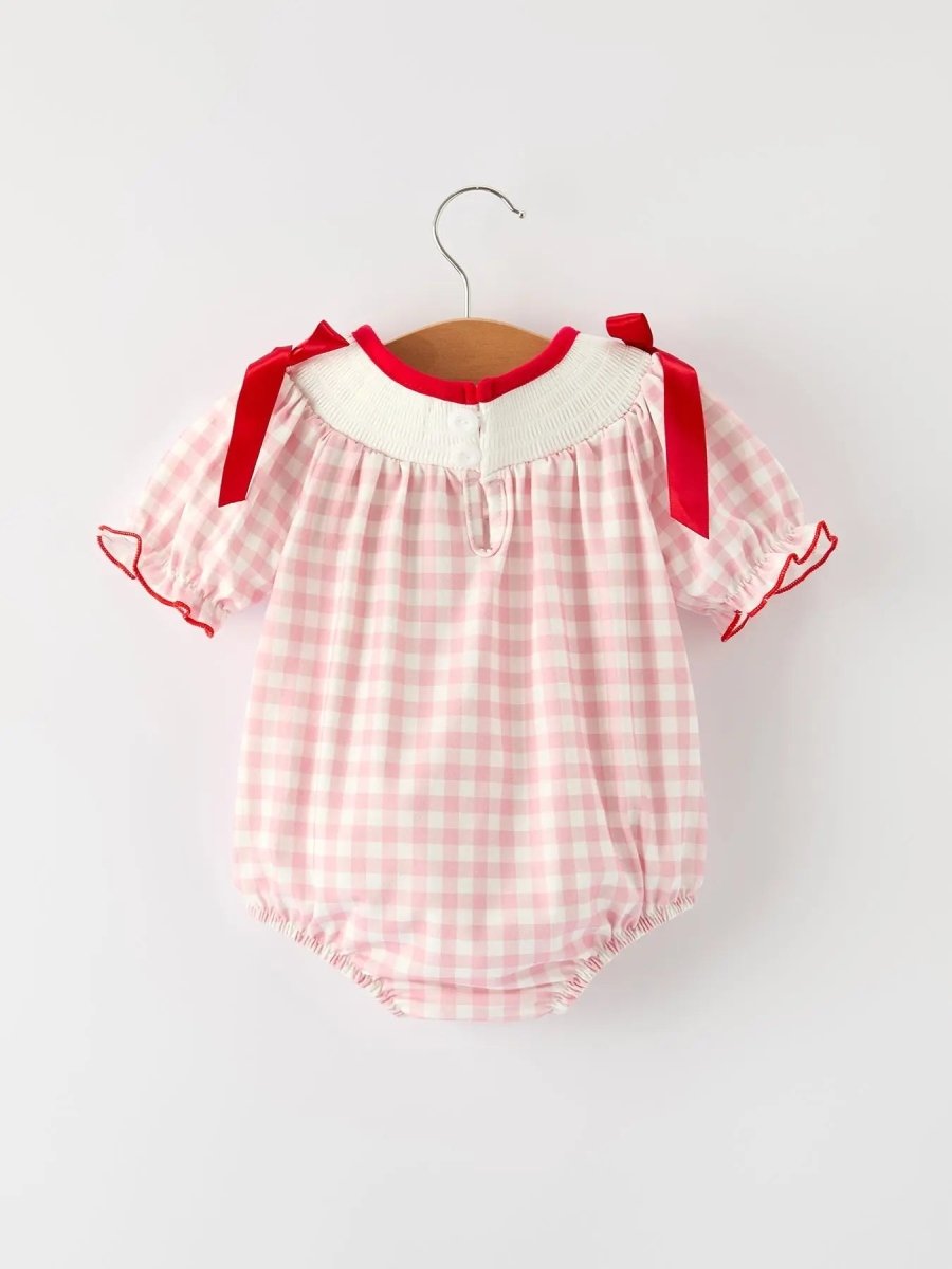 Pink Gingham Christmas Baby Girls Romper: Santa Embroidery with Red Satin Ribbon Rylee Faith Designs Everetts Place Boutique