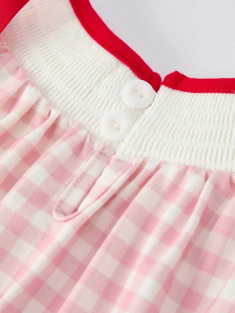 Pink Gingham Christmas Baby Girls Romper: Santa Embroidery with Red Satin Ribbon Rylee Faith Designs Everetts Place Boutique