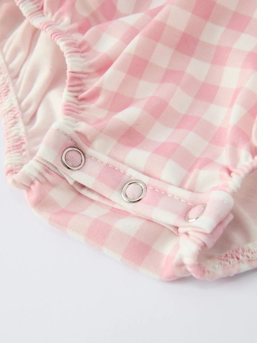 Pink Gingham Christmas Baby Girls Romper: Santa Embroidery with Red Satin Ribbon Rylee Faith Designs Everetts Place Boutique