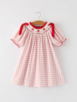 Pink Gingham Christmas Girls Dress: Santa Embroidery with Red Satin Ribbon Rylee Faith Designs Everetts Place Boutique