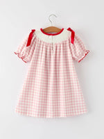 Pink Gingham Christmas Girls Dress: Santa Embroidery with Red Satin Ribbon Rylee Faith Designs Everetts Place Boutique