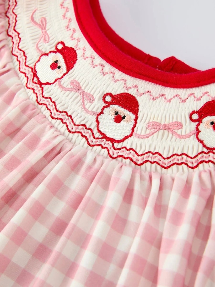 Pink Gingham Christmas Girls Dress: Santa Embroidery with Red Satin Ribbon Rylee Faith Designs Everetts Place Boutique