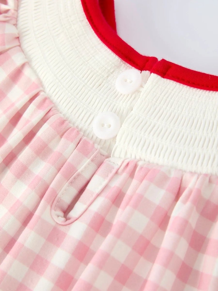 Pink Gingham Christmas Girls Dress: Santa Embroidery with Red Satin Ribbon Rylee Faith Designs Everetts Place Boutique
