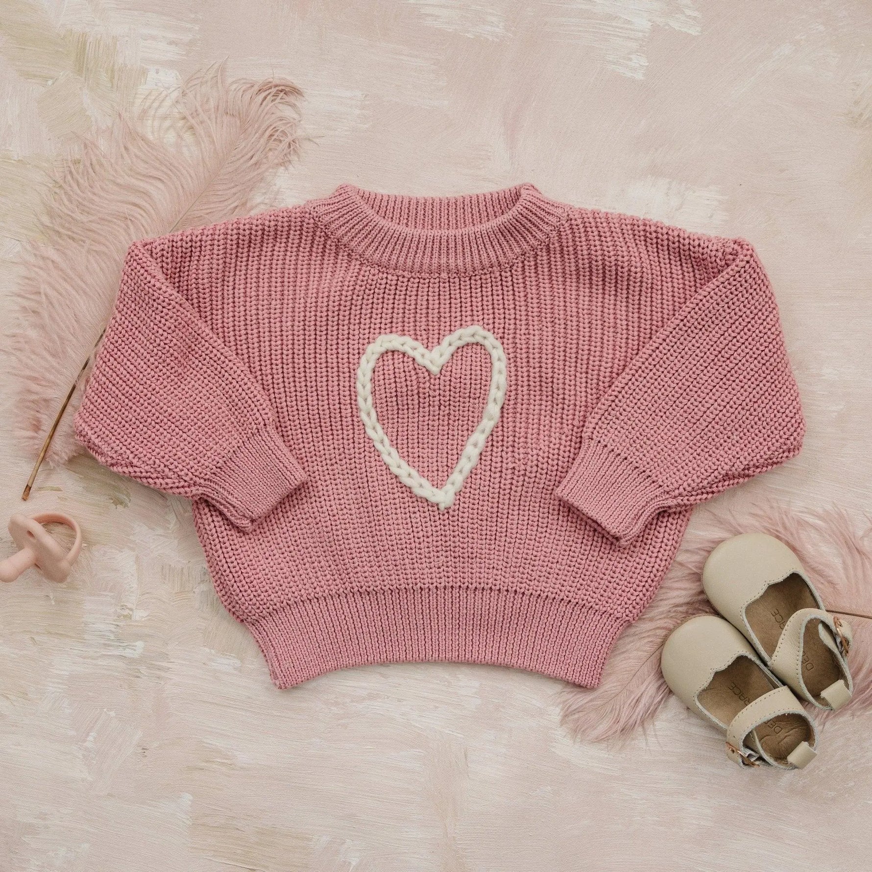 Little Joy Co. Pink Heart Hand Embroidered Cozy Sweater For Little Kids - Apparel & Accessories > Clothing > Baby & Toddler Clothing > Baby & Toddler Outfits