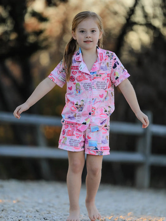 Pink Lapel Button Short Sleeve Shorts Pajama Set For Women Rylee Faith Designs Everetts Place: Online Boutique