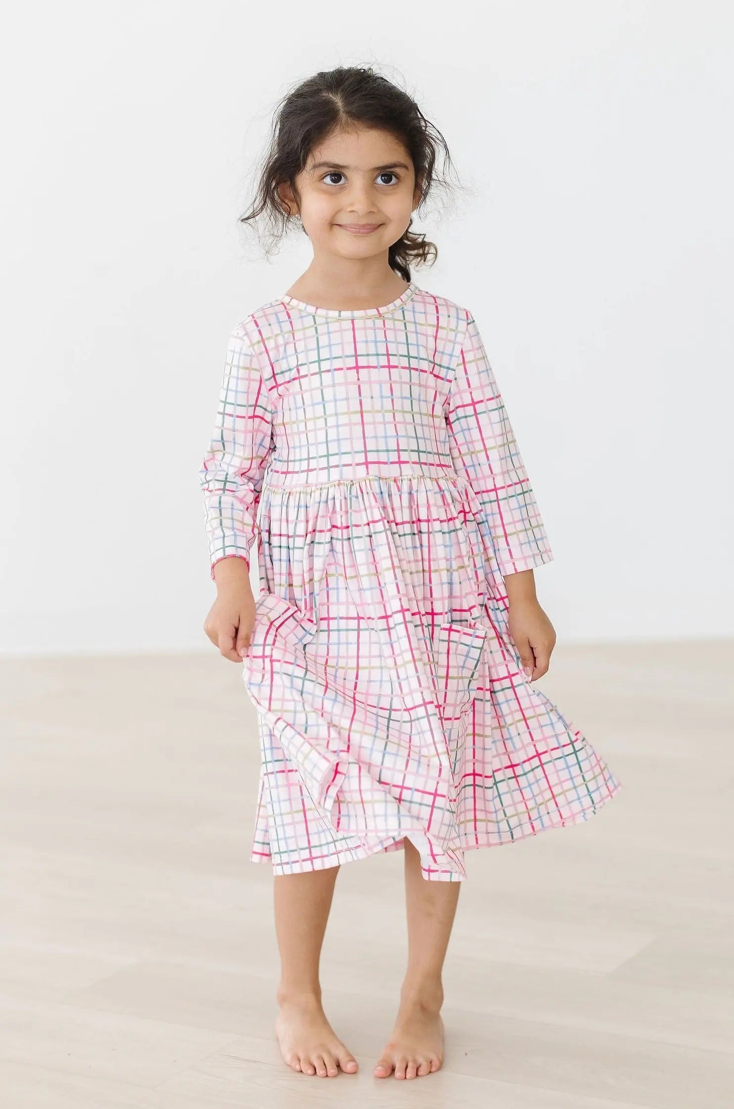 Mila & Rose ® Pink Plaid Twirl Dress With Pocket Three Quarter Sleeves - Apparel & Accessories > Clothing > Dresses Twirl Pocket Dress 3/4