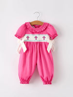 Rylee Faith Designs Pink Smocked Church Bishop Christening Bow Baby Girl Romper - Apparel & Accessories > Clothing > Baby & Toddler Clothing > Baby & Toddler Outfits Romper