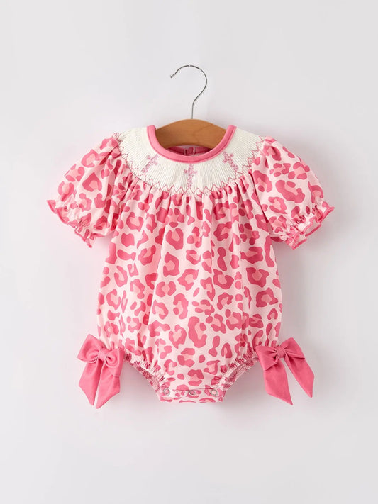 Pink Smocked Church Bishop Christening Leopard Baby Girl Romper Rylee Faith Designs Everetts Place: Online Boutique