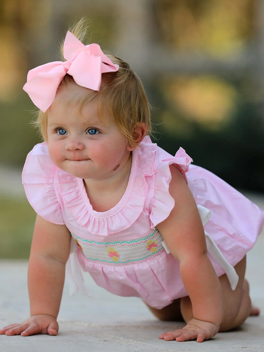Pink Smocked Church Bishop Christening Romper for Baby Girls Rylee Faith Designs Everetts Place: Online Boutique
