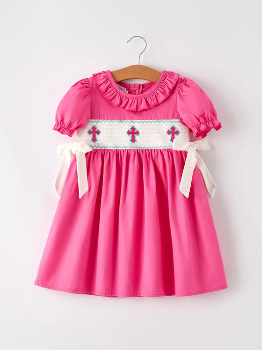 Pink Smocked Church Christ Bishop Christening Bow Girl Dress Rylee Faith Designs Everetts Place: Online Boutique