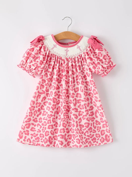 Pink Smocked Church Dress Leopard Accents Bishop Style Girl Christening Outfit Rylee Faith Designs Everetts Place: Online Boutique
