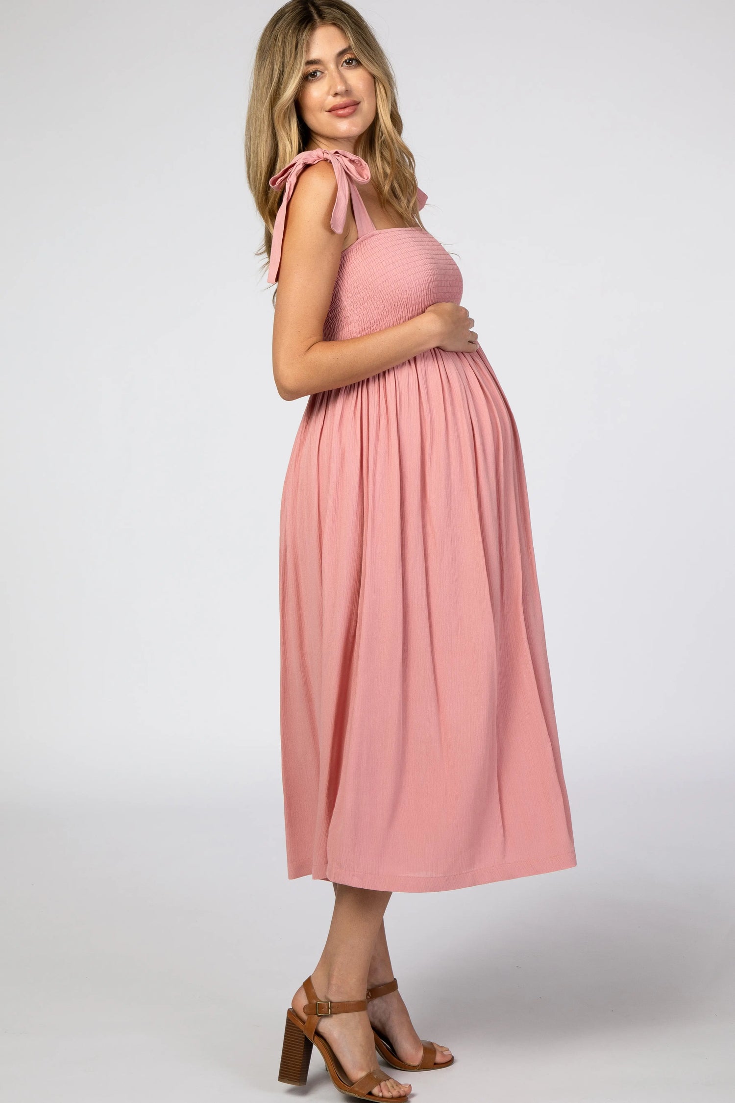 Pink Smocked Tie Strap Maternity Midi Dress PinkBlush 