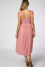 Pink Smocked Tie Strap Maternity Midi Dress PinkBlush 