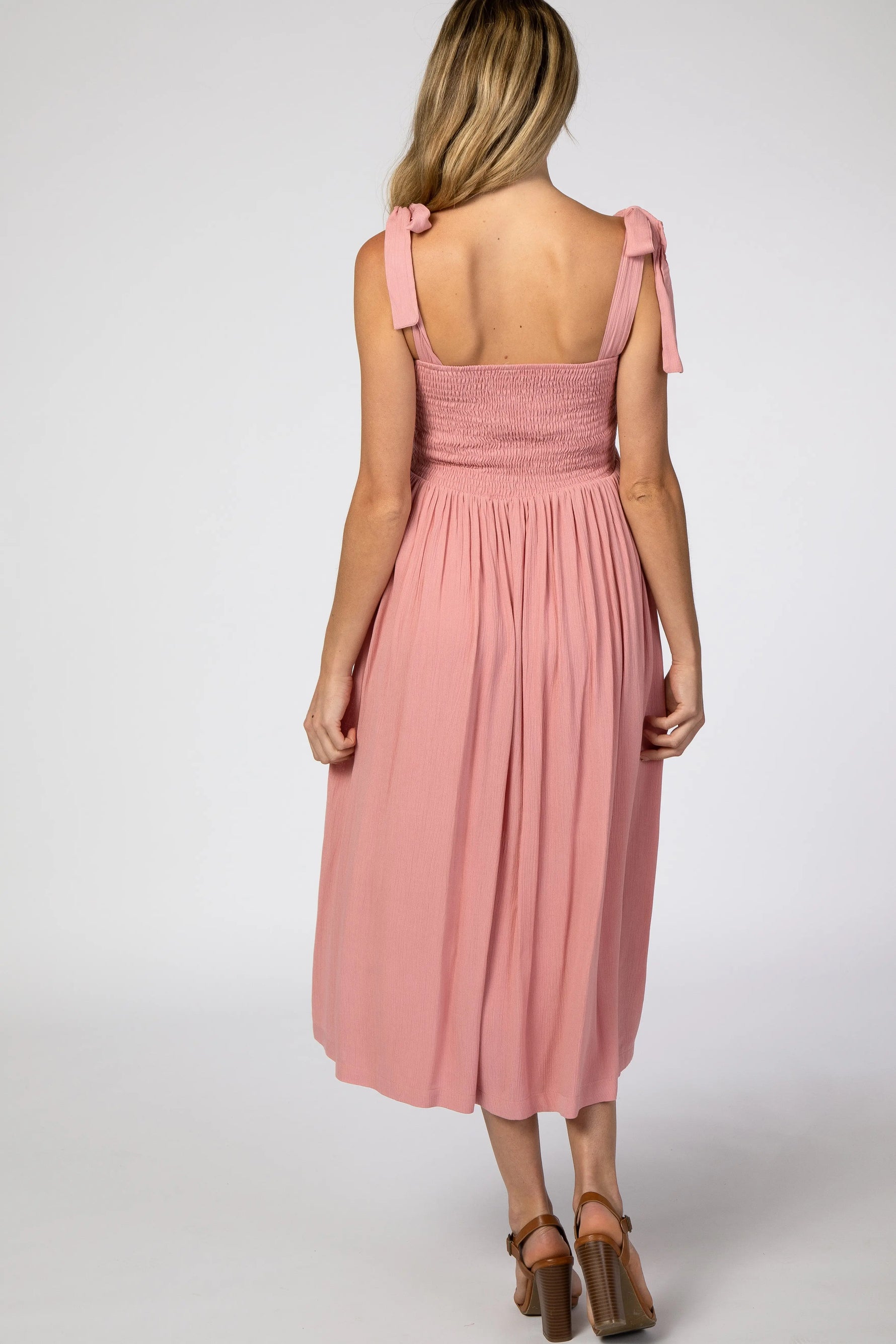 Pink Smocked Tie Strap Maternity Midi Dress PinkBlush 