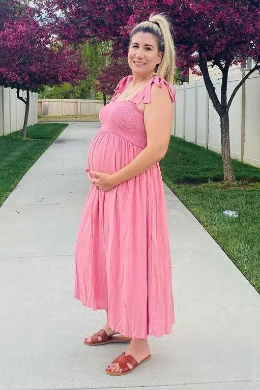 Pink Smocked Tie Strap Maternity Midi Dress PinkBlush 