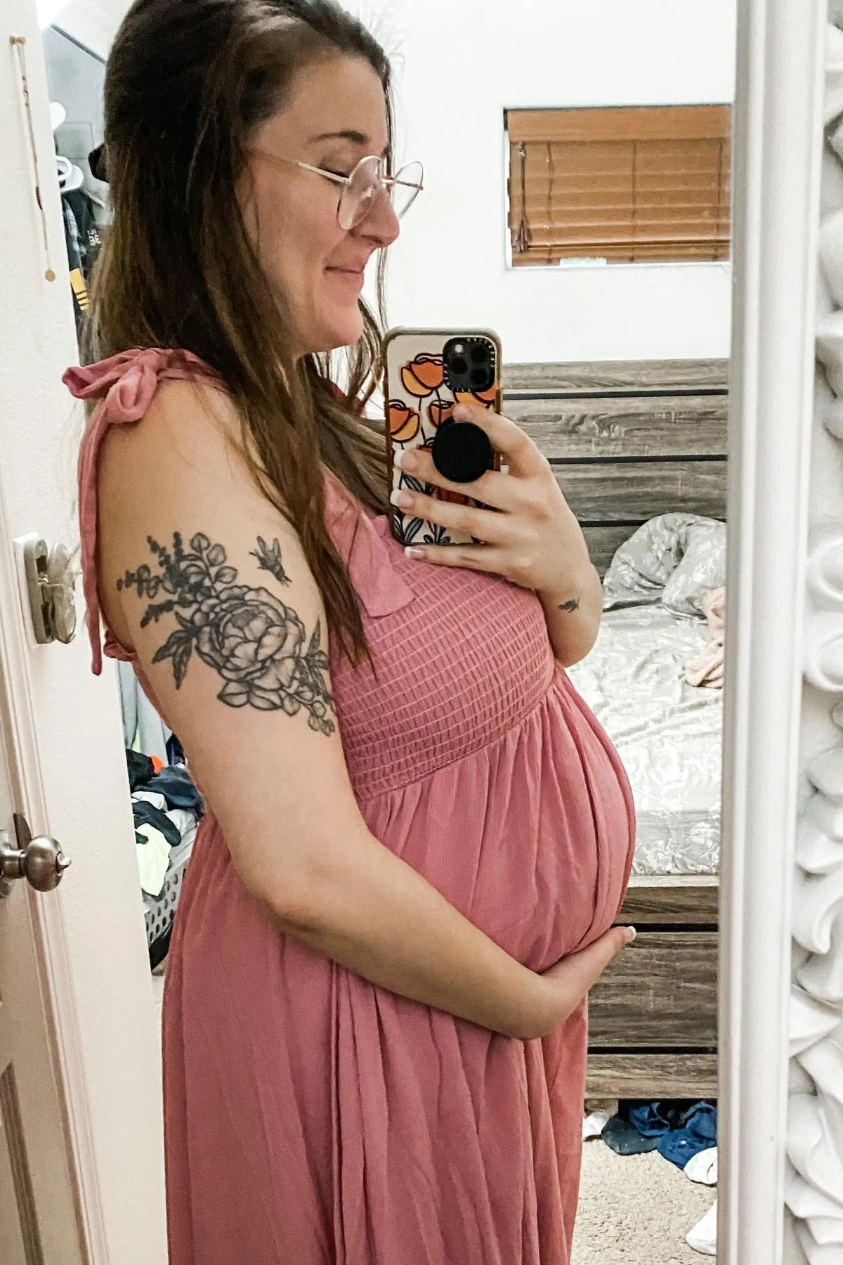 Pink Smocked Tie Strap Maternity Midi Dress PinkBlush 