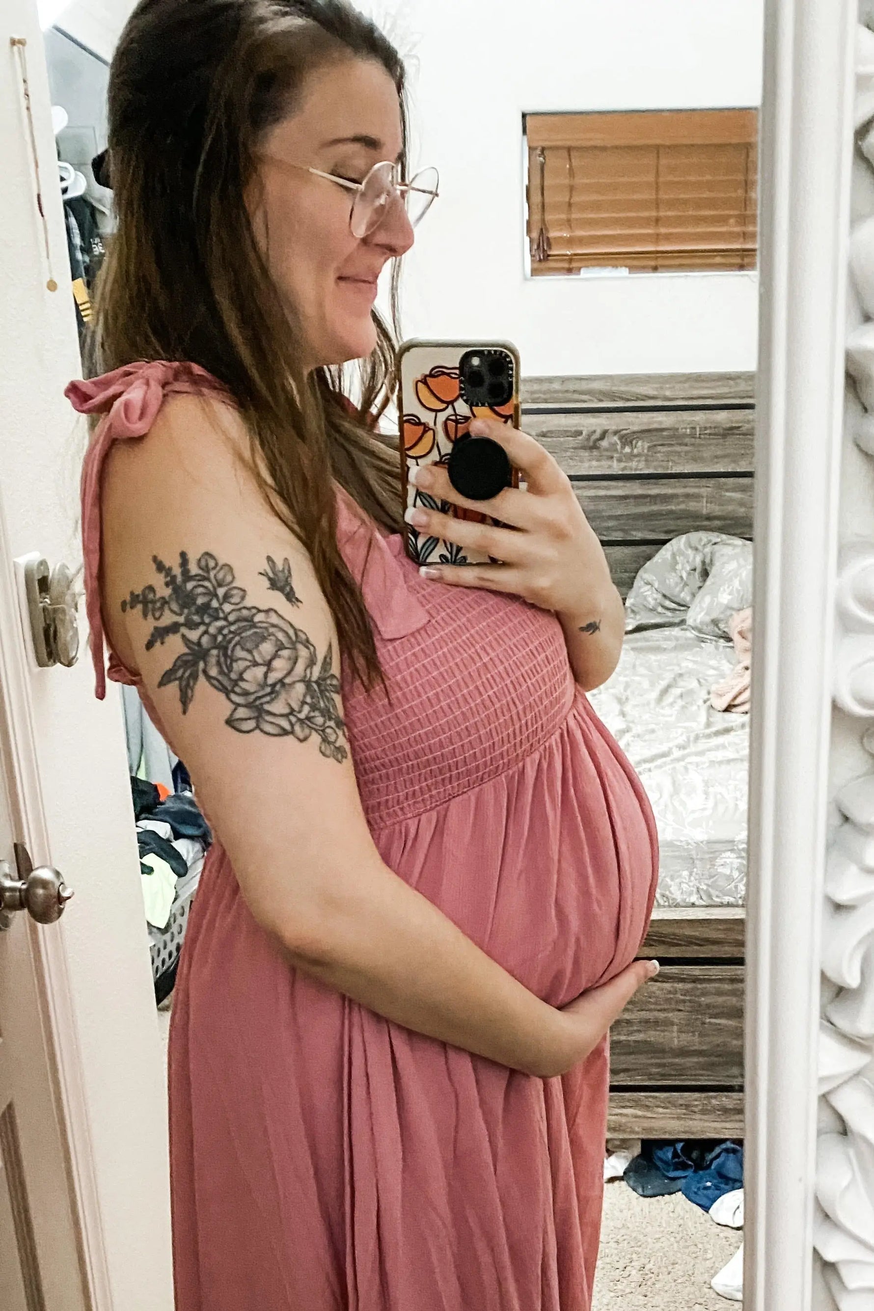 Pink Smocked Tie Strap Maternity Midi Dress PinkBlush 