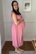 Pink Smocked Tie Strap Maternity Midi Dress PinkBlush 