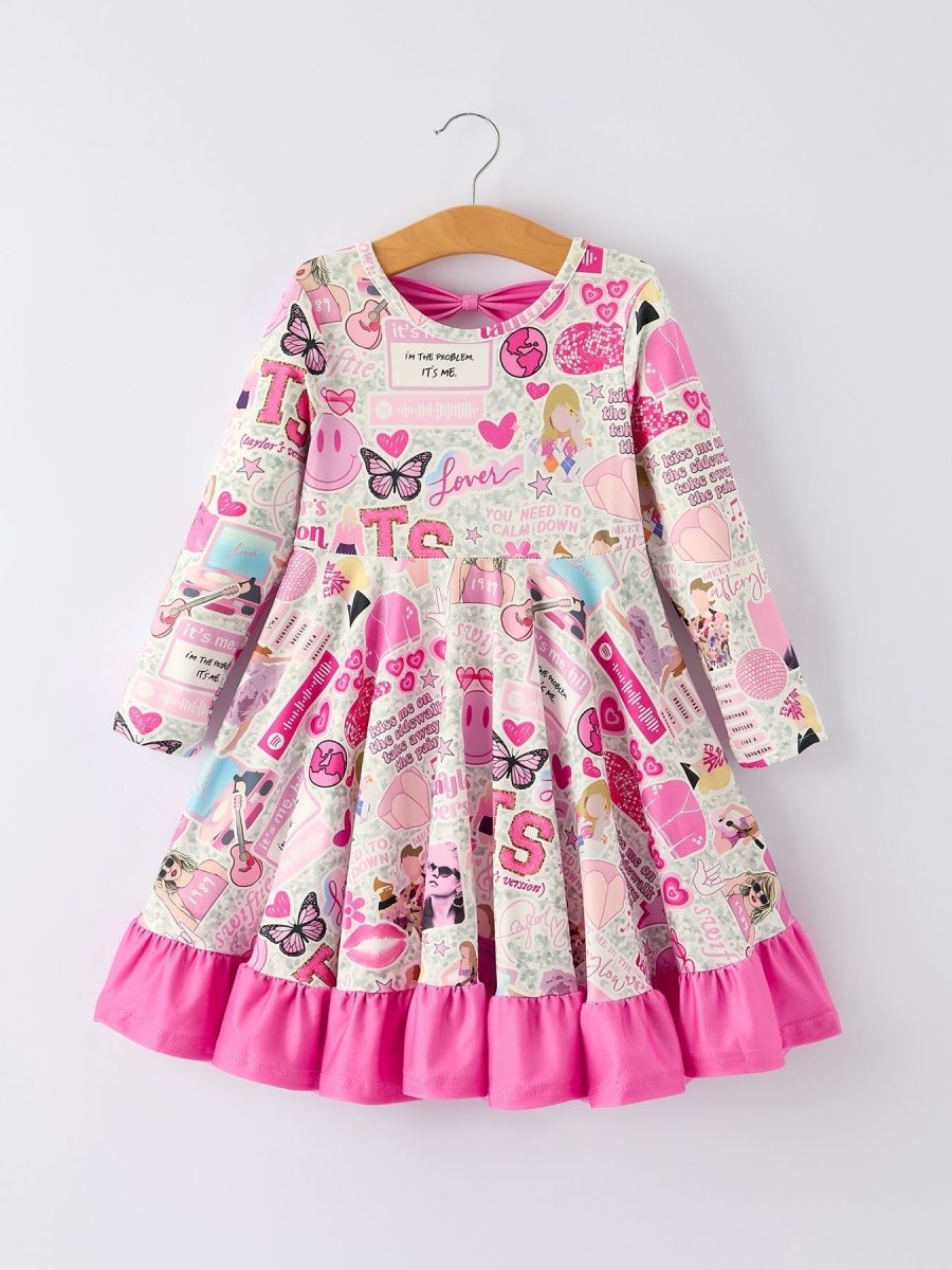 Rylee Faith Designs Pink TS Print Ruffle Long Sleeve Christmas Dress For Girls - Everetts Place Boutique - 