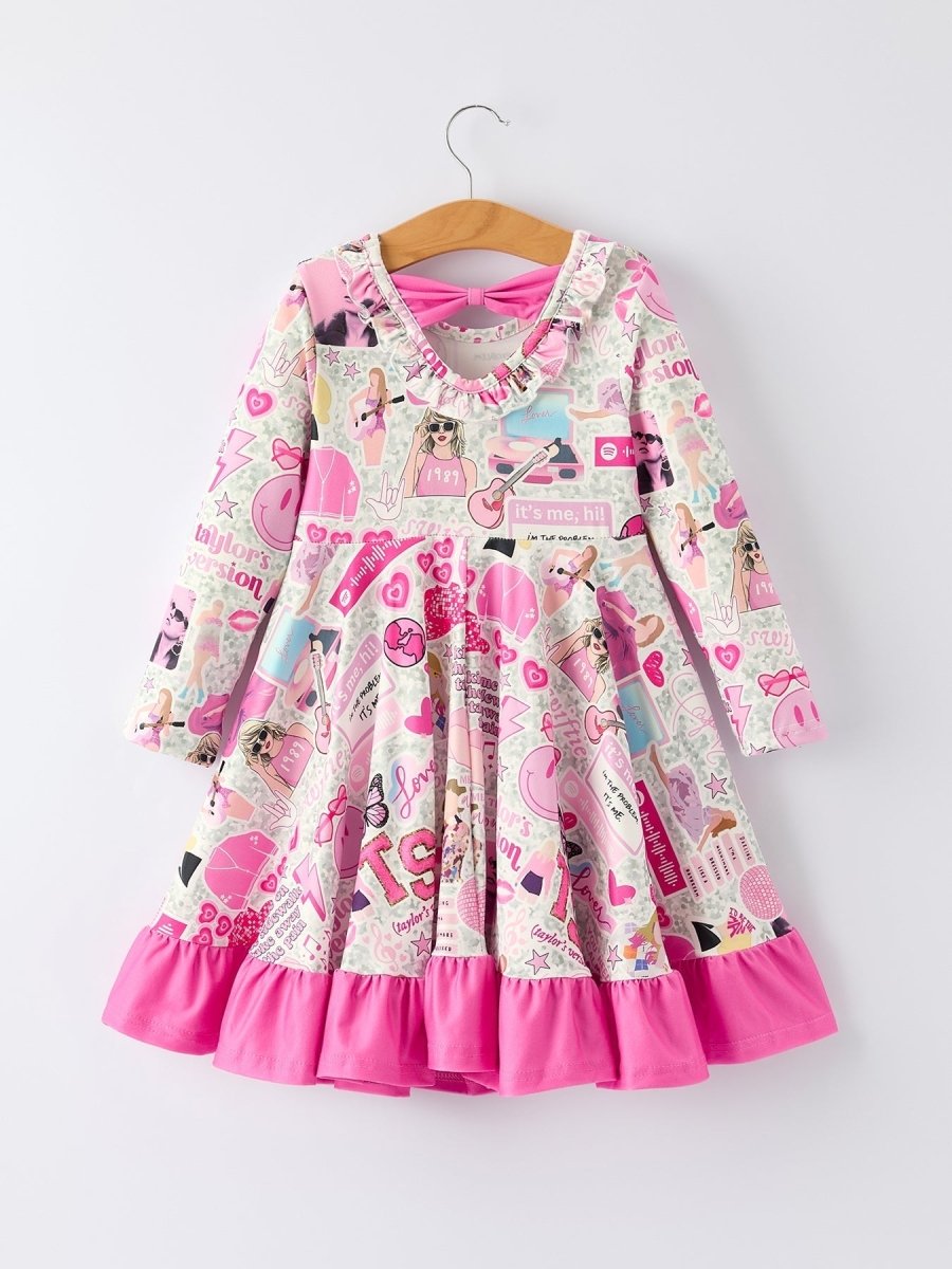 Rylee Faith Designs Pink TS Print Ruffle Long Sleeve Christmas Dress For Girls - Everetts Place Boutique - 