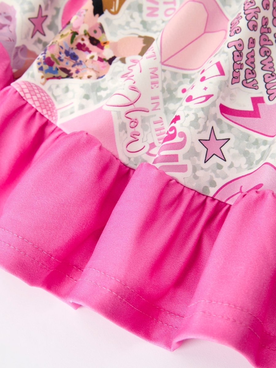 Rylee Faith Designs Pink TS Print Ruffle Long Sleeve Christmas Dress For Girls - Everetts Place Boutique - 