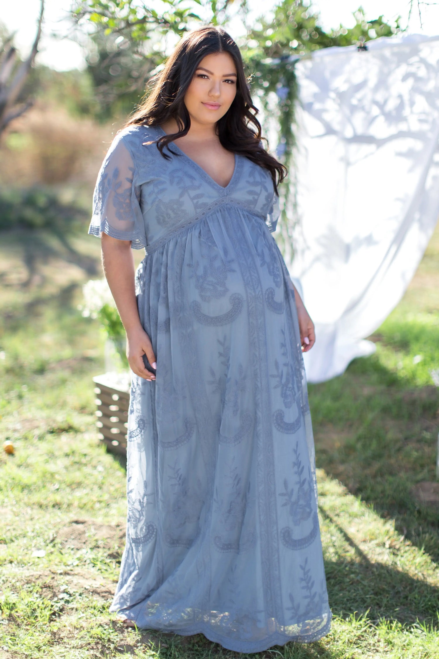 PinkBlush Blue Lace Mesh Overlay Plus Maternity Maxi Dress PinkBlush 