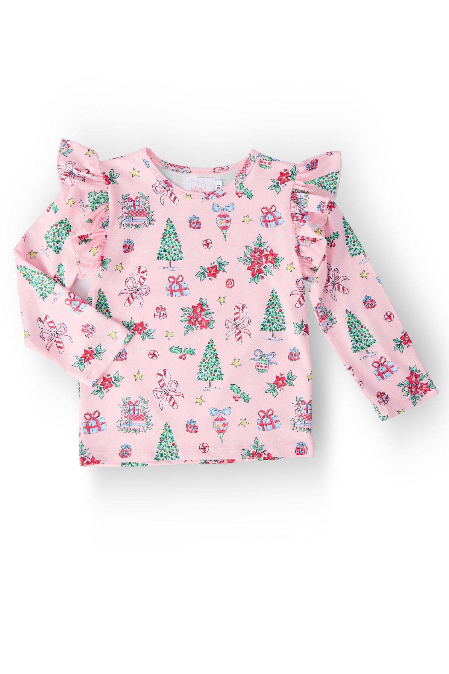 Long-sleeve ruffle tee in a pink Christmas print with ruffle detailing.
