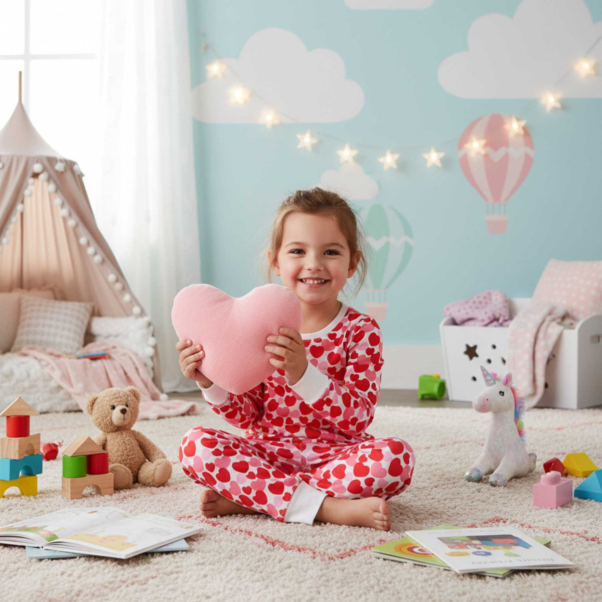 Norani Baby kids soft organic cotton pajamas with heart print.