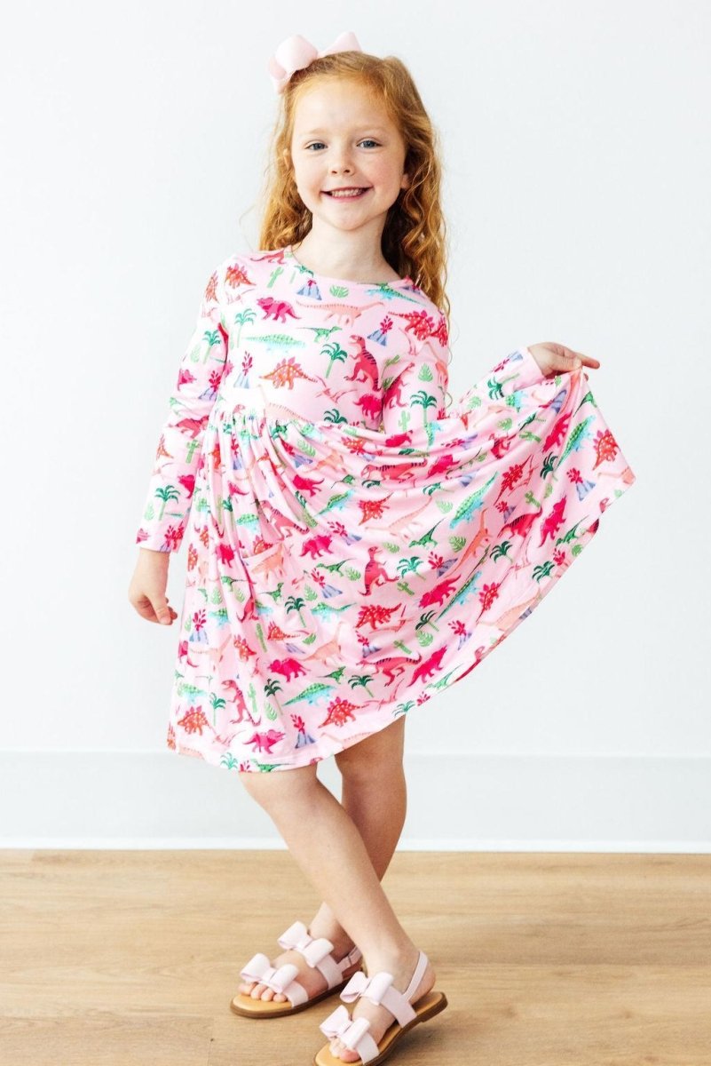 Mila & Rose ® Pinkosaurus Rex Long Sleeve Pocket Twirl Dress for Girls - Everetts Place Boutique - 