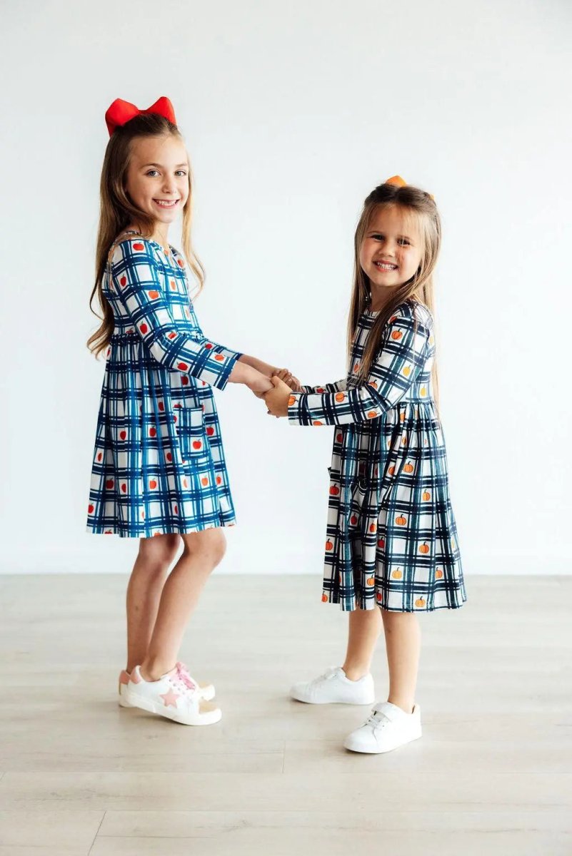 Mila & Rose ® Plaid Apples Long Sleeve Pocket Twirl Dress For Girls - Everetts Place Boutique - 