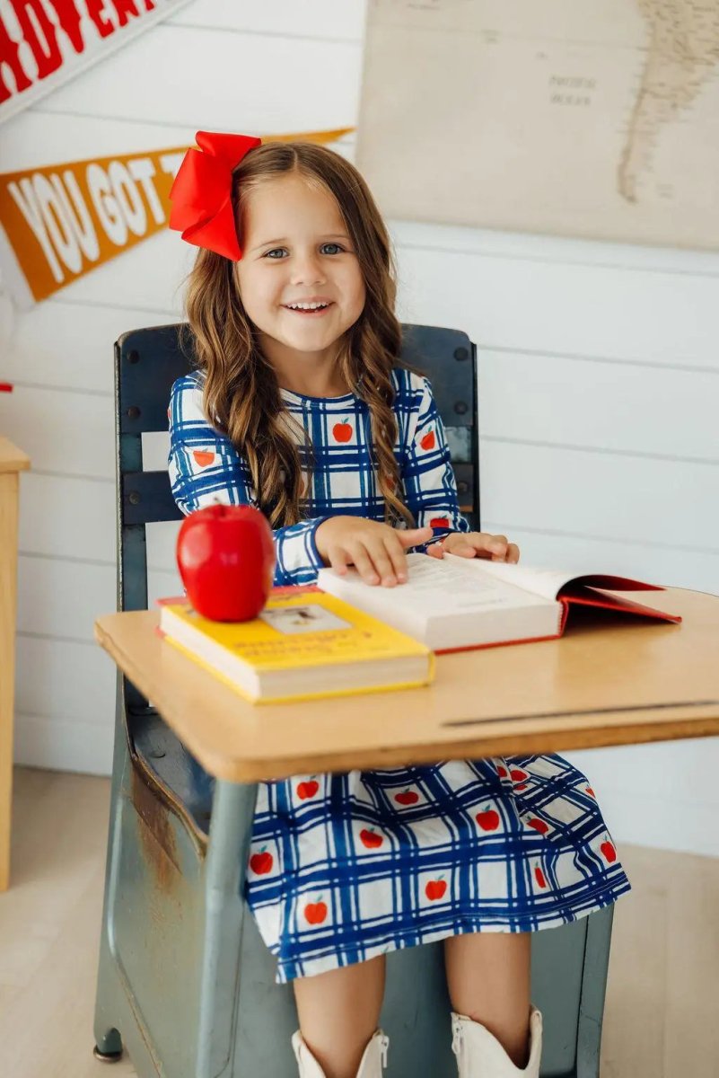 Mila & Rose ® Plaid Apples Long Sleeve Pocket Twirl Dress For Girls - Everetts Place Boutique - 