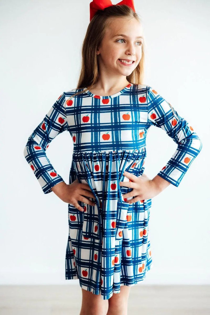 Mila & Rose ® Plaid Apples Long Sleeve Pocket Twirl Dress For Girls - Everetts Place Boutique - 