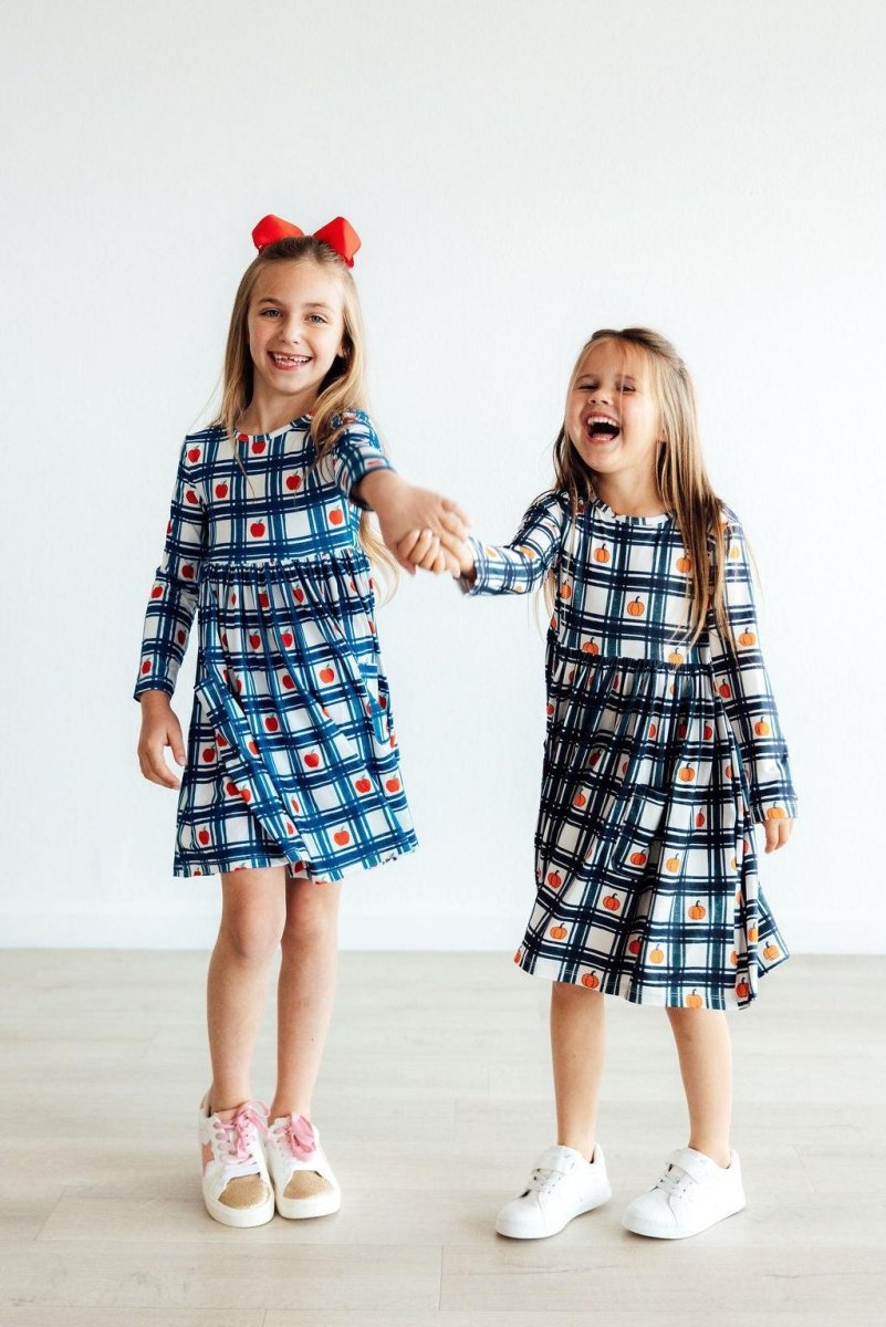 Mila & Rose ® Plaid Pumpkins Long Sleeve Pocket Twirl Dress Girls - Everetts Place Boutique - 