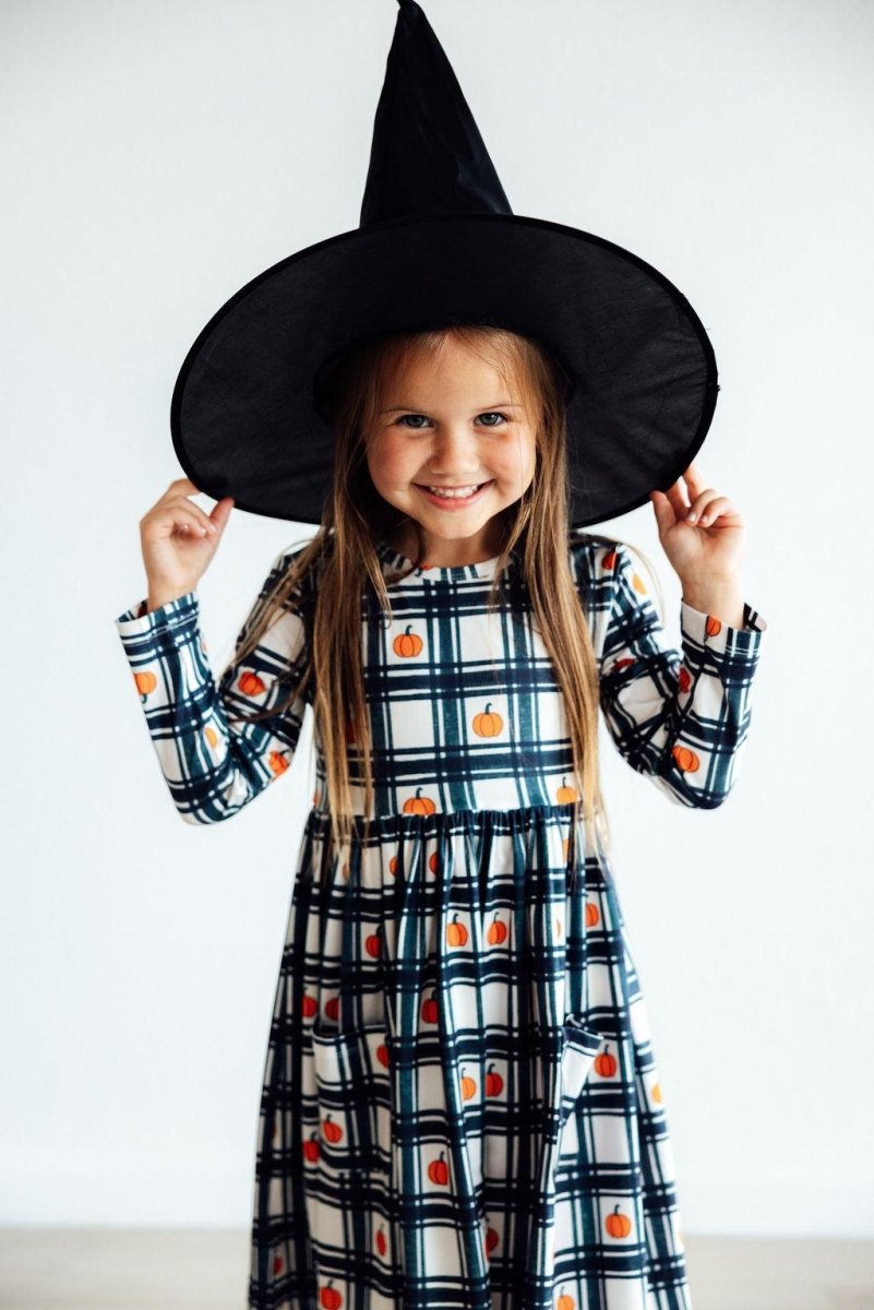 Mila & Rose ® Plaid Pumpkins Long Sleeve Pocket Twirl Dress Girls - Everetts Place Boutique - 