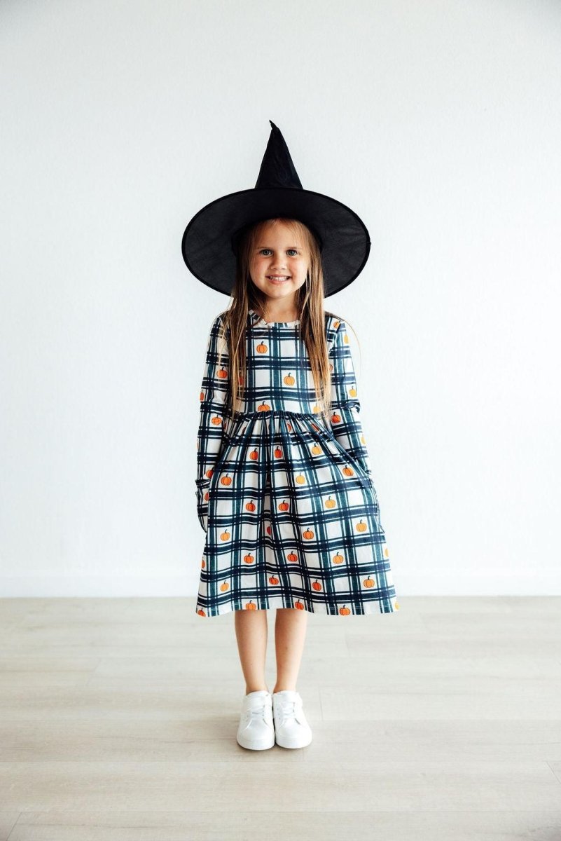 Mila & Rose ® Plaid Pumpkins Long Sleeve Pocket Twirl Dress Girls - Everetts Place Boutique - 