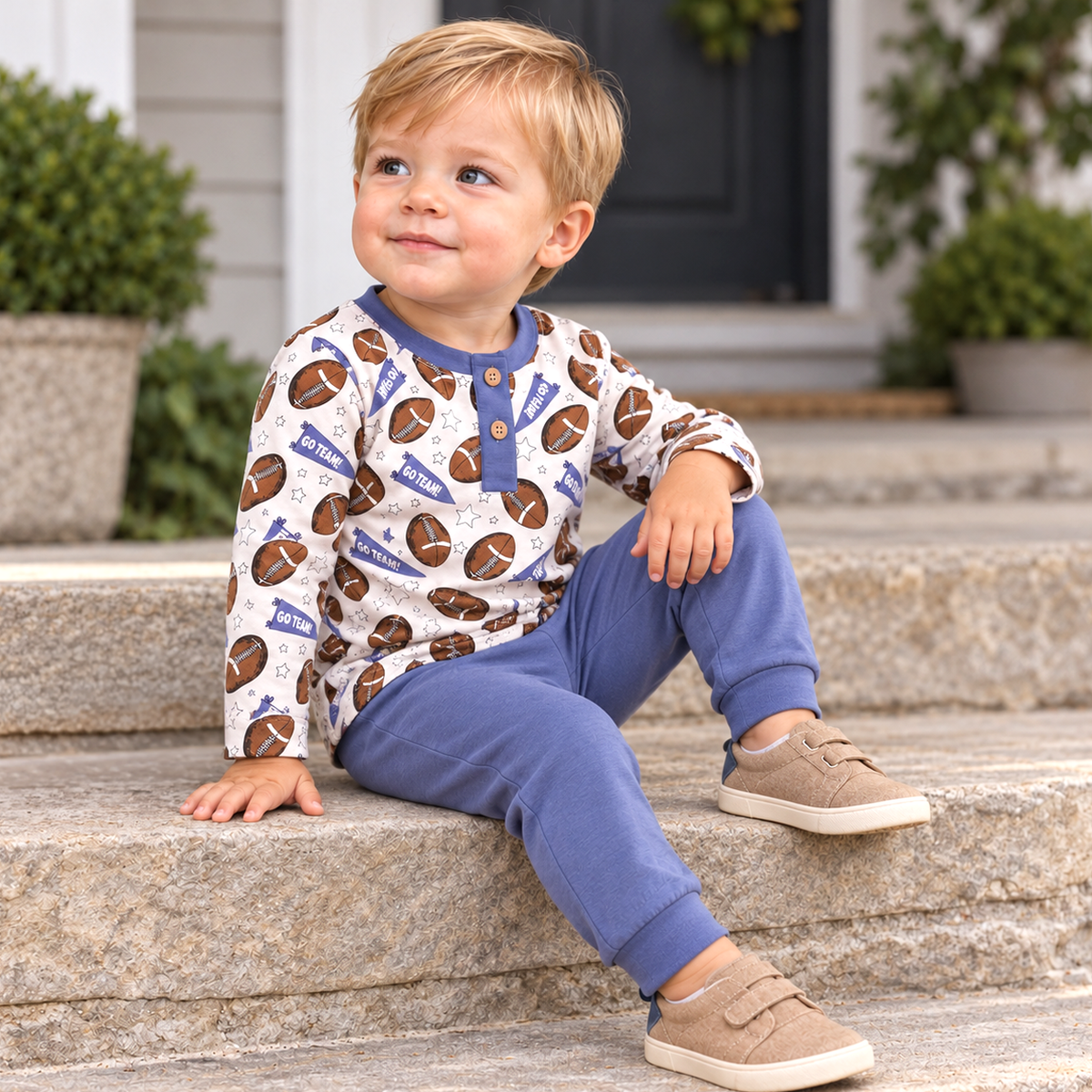 Baby Boy Football Outfit – Bamboo Henley Shirt & Pants Set by Tesa Babe