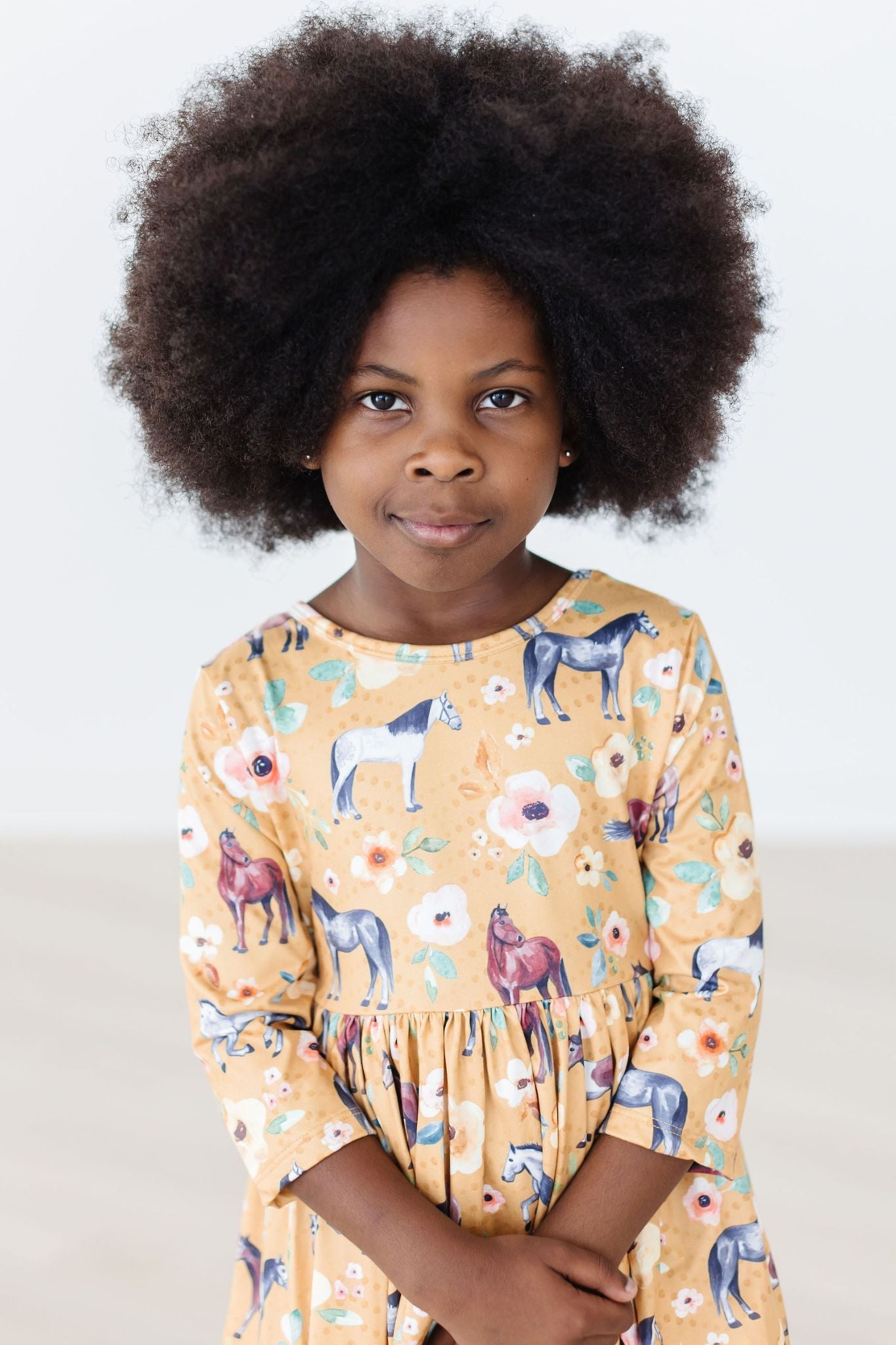 Polyester Spandex Twirl Dress, Ponies & Poppies, 3/4 Sleeve, Pocket