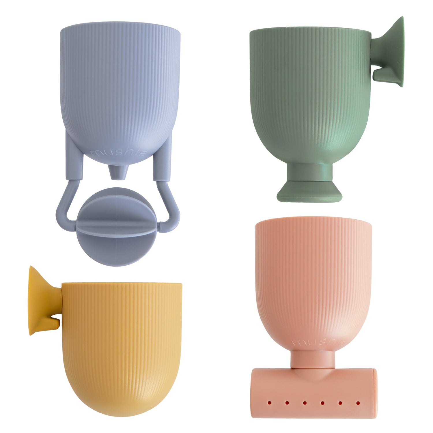 Set of stacking bath cups in muted colors with suction cups and openings for pouring water